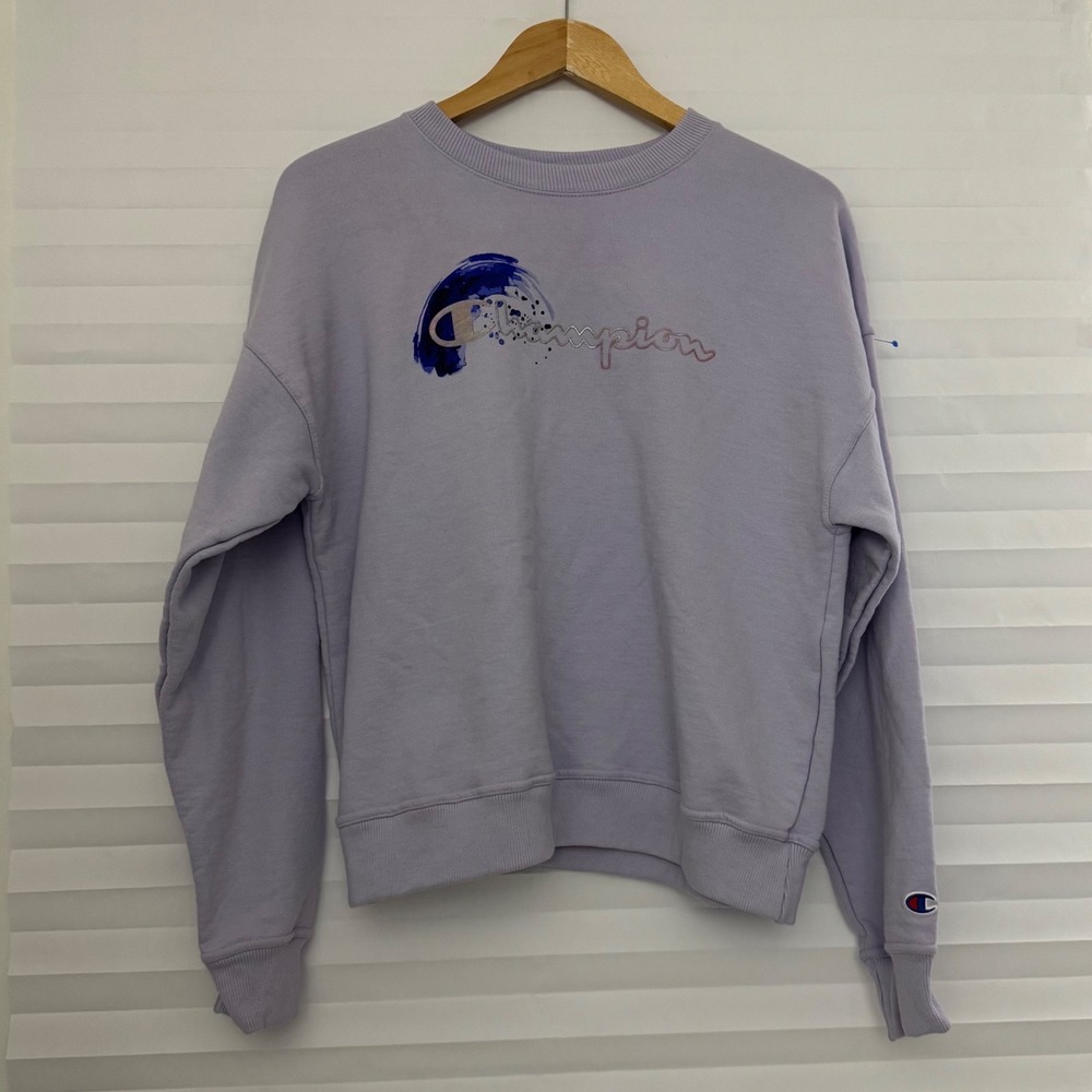 Champion Women Lavender Purple Graphic Logo Fleece Sweatshirt M Sportswear - Picture 1 of 9
